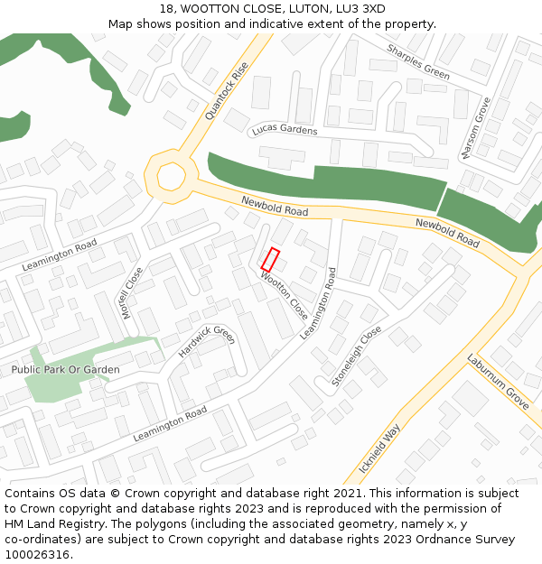 18, WOOTTON CLOSE, LUTON, LU3 3XD: Location map and indicative extent of plot