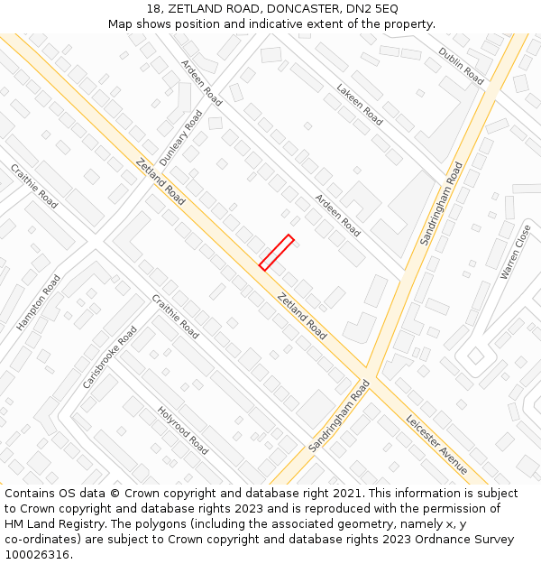 18, ZETLAND ROAD, DONCASTER, DN2 5EQ: Location map and indicative extent of plot