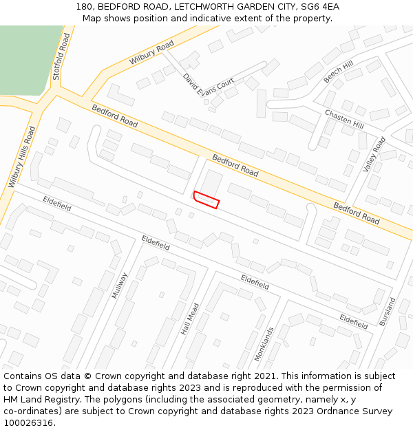 180, BEDFORD ROAD, LETCHWORTH GARDEN CITY, SG6 4EA: Location map and indicative extent of plot