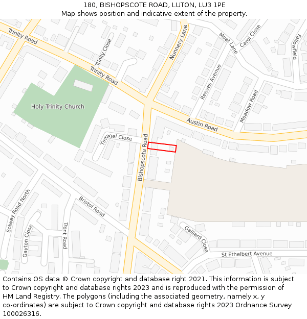 180, BISHOPSCOTE ROAD, LUTON, LU3 1PE: Location map and indicative extent of plot