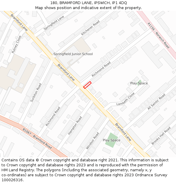 180, BRAMFORD LANE, IPSWICH, IP1 4DQ: Location map and indicative extent of plot