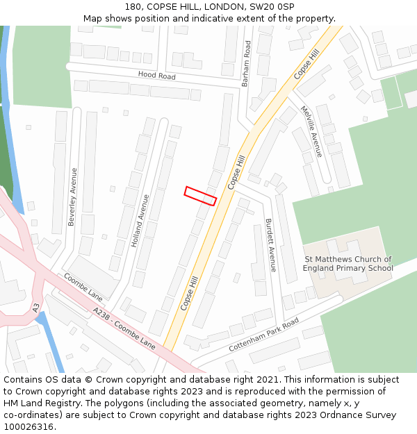 180, COPSE HILL, LONDON, SW20 0SP: Location map and indicative extent of plot