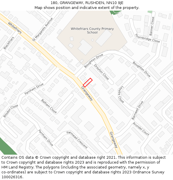 180, GRANGEWAY, RUSHDEN, NN10 9JE: Location map and indicative extent of plot