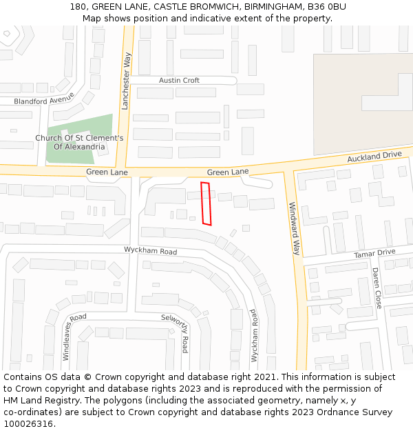 180, GREEN LANE, CASTLE BROMWICH, BIRMINGHAM, B36 0BU: Location map and indicative extent of plot