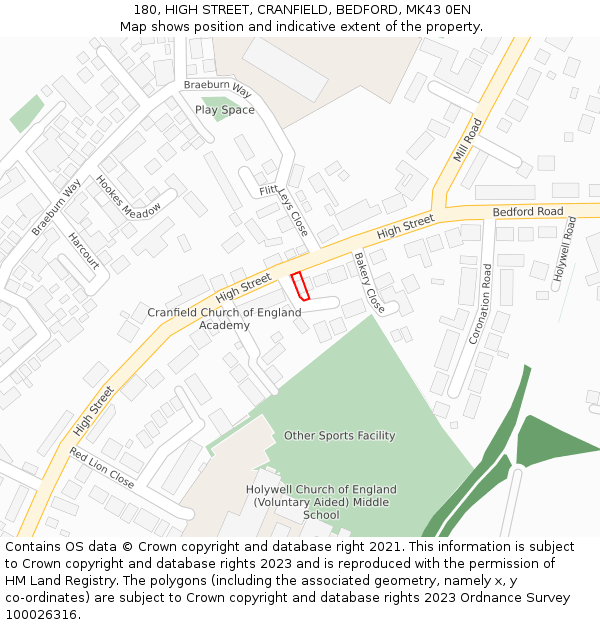 180, HIGH STREET, CRANFIELD, BEDFORD, MK43 0EN: Location map and indicative extent of plot