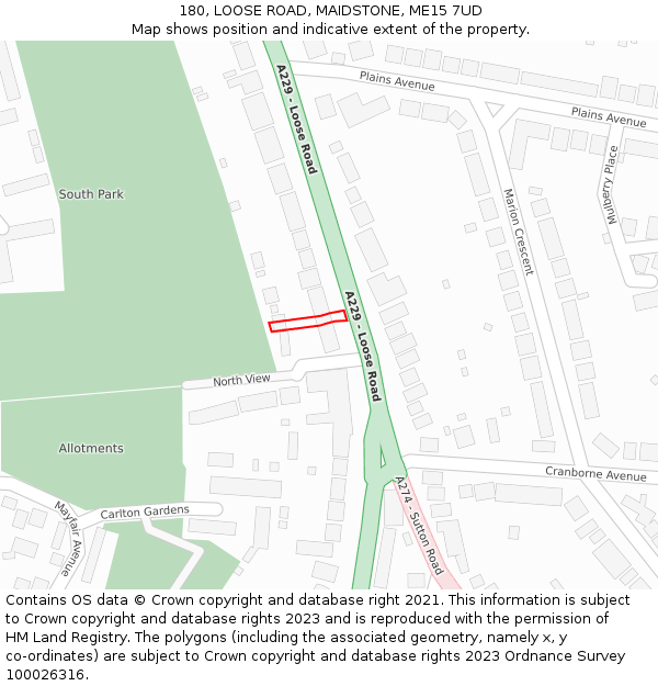 180, LOOSE ROAD, MAIDSTONE, ME15 7UD: Location map and indicative extent of plot