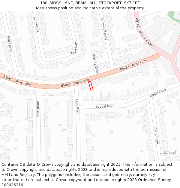 180, MOSS LANE, BRAMHALL, STOCKPORT, SK7 1BD: Location map and indicative extent of plot