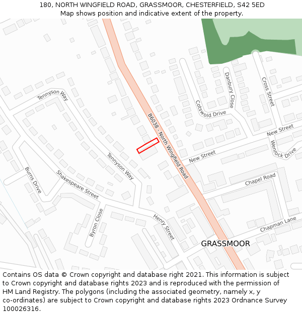 180, NORTH WINGFIELD ROAD, GRASSMOOR, CHESTERFIELD, S42 5ED: Location map and indicative extent of plot