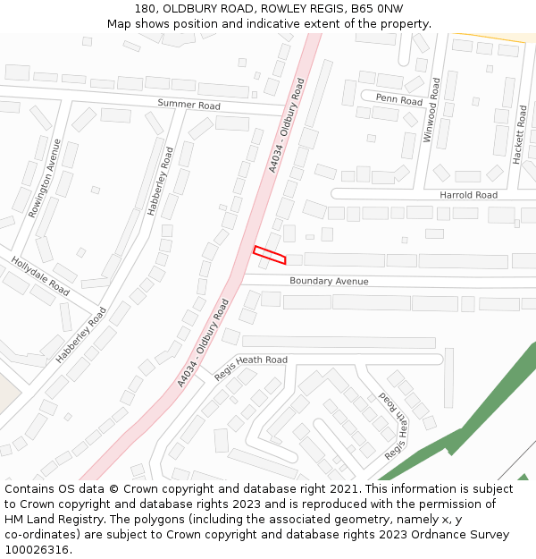 180, OLDBURY ROAD, ROWLEY REGIS, B65 0NW: Location map and indicative extent of plot