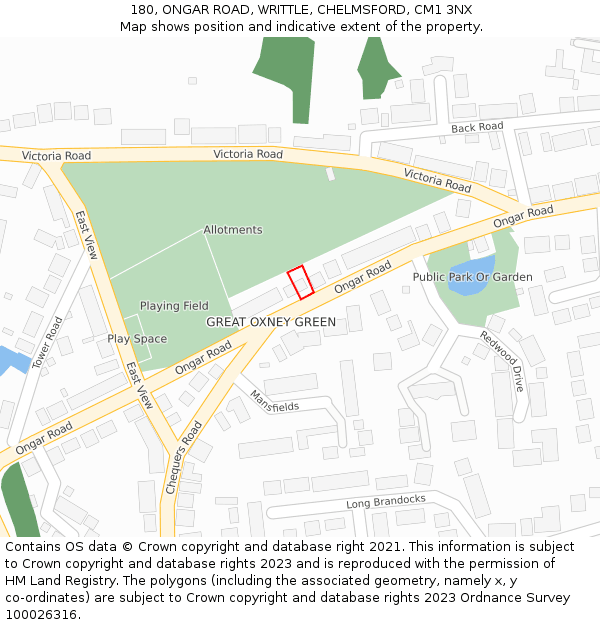 180, ONGAR ROAD, WRITTLE, CHELMSFORD, CM1 3NX: Location map and indicative extent of plot