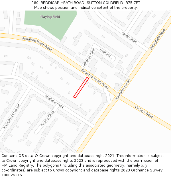 180, REDDICAP HEATH ROAD, SUTTON COLDFIELD, B75 7ET: Location map and indicative extent of plot