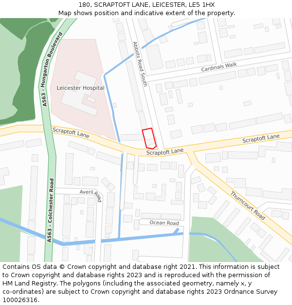 180, SCRAPTOFT LANE, LEICESTER, LE5 1HX: Location map and indicative extent of plot