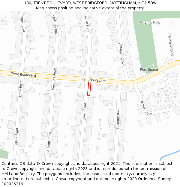 180, TRENT BOULEVARD, WEST BRIDGFORD, NOTTINGHAM, NG2 5BW: Location map and indicative extent of plot