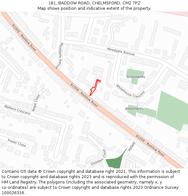 181, BADDOW ROAD, CHELMSFORD, CM2 7PZ: Location map and indicative extent of plot