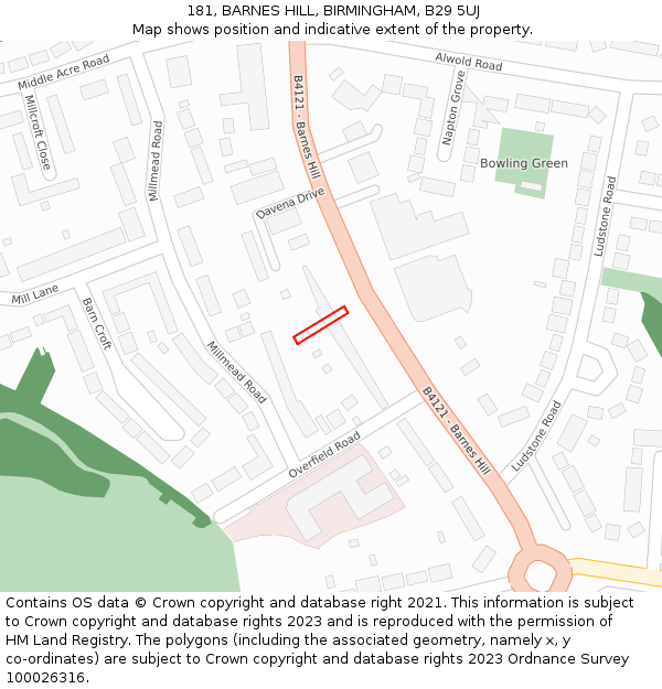 181, BARNES HILL, BIRMINGHAM, B29 5UJ: Location map and indicative extent of plot