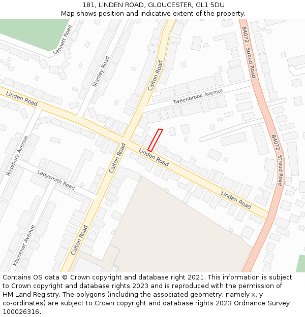 181, LINDEN ROAD, GLOUCESTER, GL1 5DU: Location map and indicative extent of plot