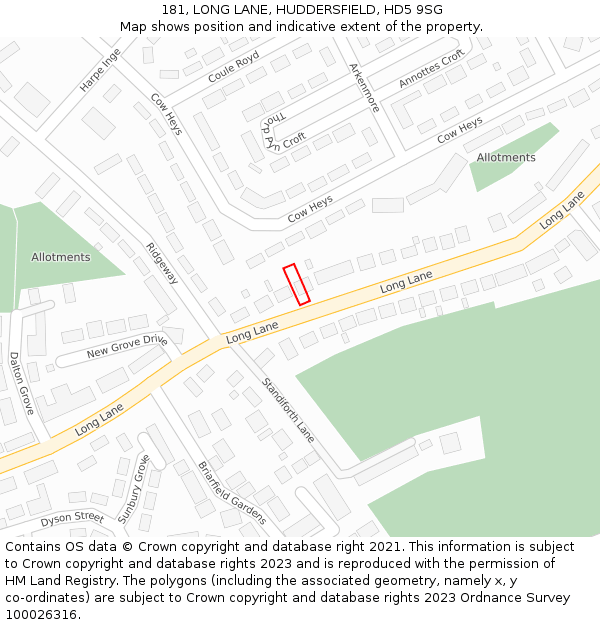 181, LONG LANE, HUDDERSFIELD, HD5 9SG: Location map and indicative extent of plot