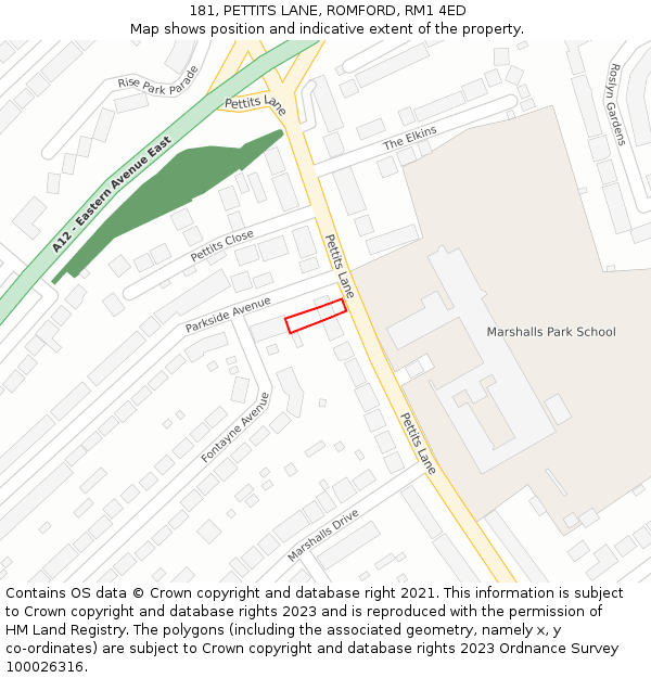 181, PETTITS LANE, ROMFORD, RM1 4ED: Location map and indicative extent of plot