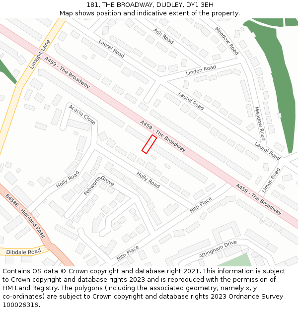 181, THE BROADWAY, DUDLEY, DY1 3EH: Location map and indicative extent of plot