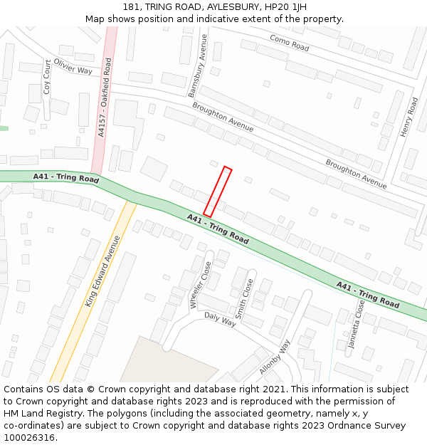 181, TRING ROAD, AYLESBURY, HP20 1JH: Location map and indicative extent of plot