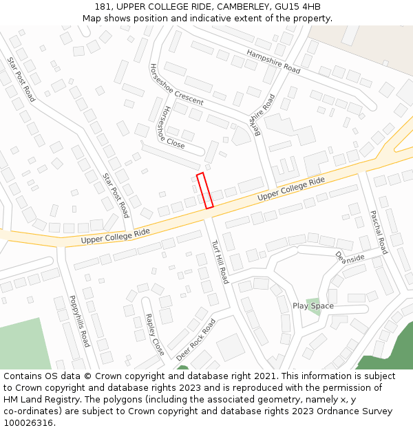 181, UPPER COLLEGE RIDE, CAMBERLEY, GU15 4HB: Location map and indicative extent of plot