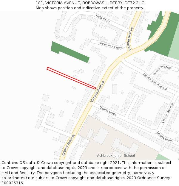 181, VICTORIA AVENUE, BORROWASH, DERBY, DE72 3HG: Location map and indicative extent of plot