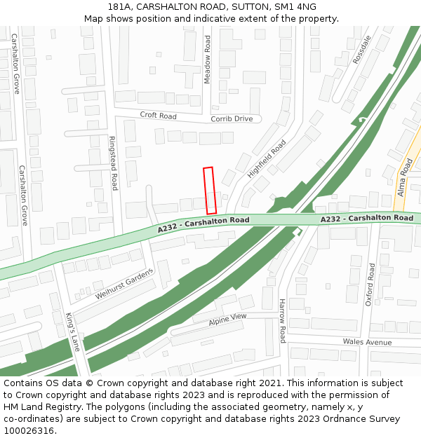 181A, CARSHALTON ROAD, SUTTON, SM1 4NG: Location map and indicative extent of plot