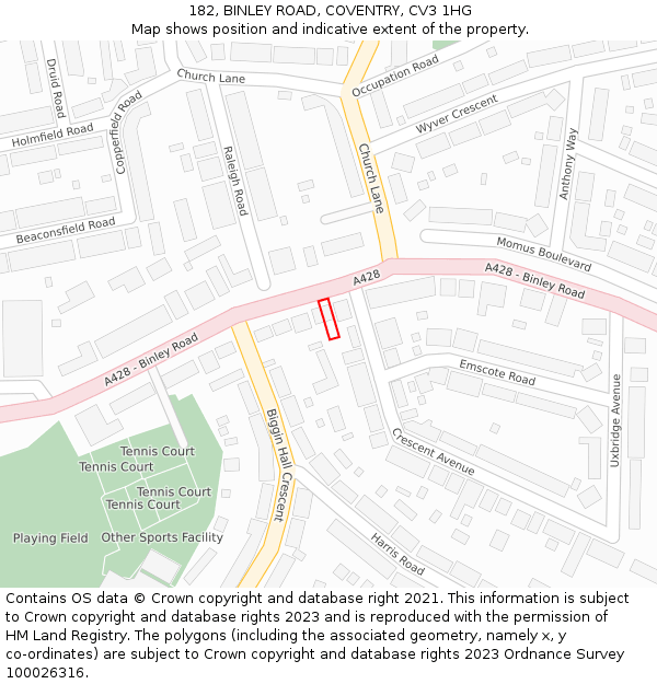 182, BINLEY ROAD, COVENTRY, CV3 1HG: Location map and indicative extent of plot