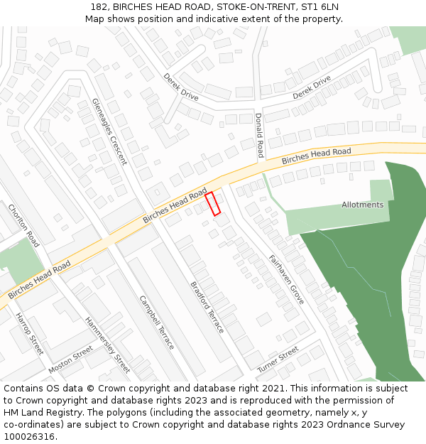 182, BIRCHES HEAD ROAD, STOKE-ON-TRENT, ST1 6LN: Location map and indicative extent of plot