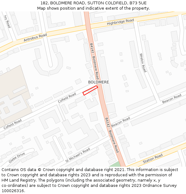 182, BOLDMERE ROAD, SUTTON COLDFIELD, B73 5UE: Location map and indicative extent of plot