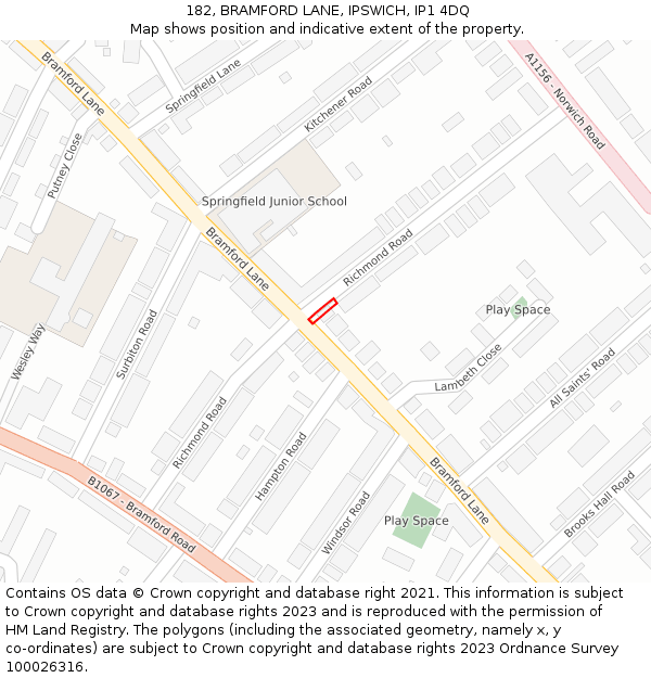 182, BRAMFORD LANE, IPSWICH, IP1 4DQ: Location map and indicative extent of plot