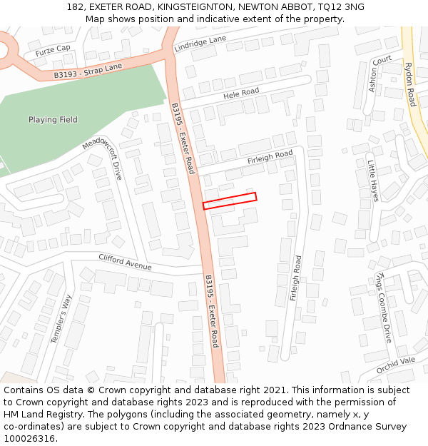 182, EXETER ROAD, KINGSTEIGNTON, NEWTON ABBOT, TQ12 3NG: Location map and indicative extent of plot