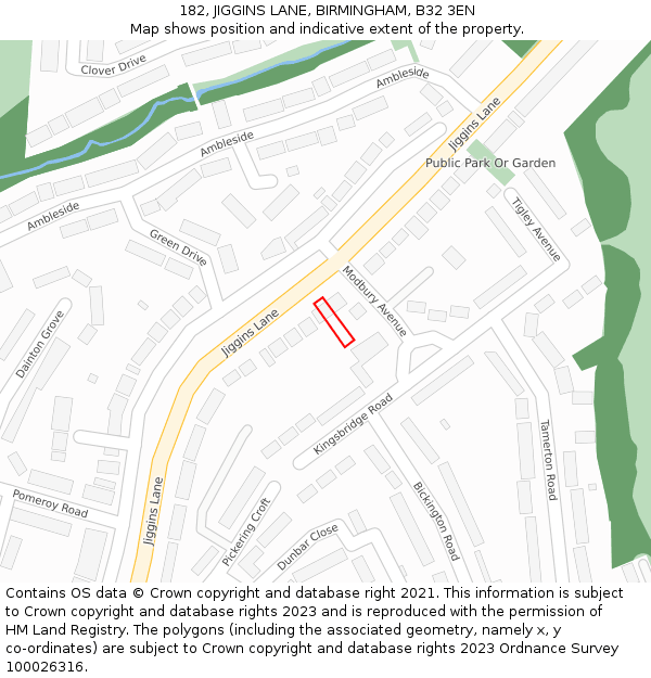 182, JIGGINS LANE, BIRMINGHAM, B32 3EN: Location map and indicative extent of plot