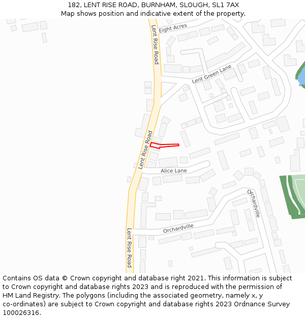 182, LENT RISE ROAD, BURNHAM, SLOUGH, SL1 7AX: Location map and indicative extent of plot