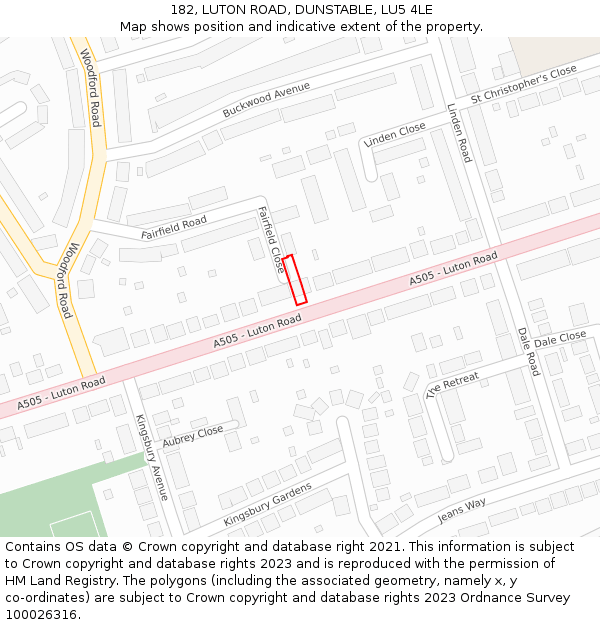 182, LUTON ROAD, DUNSTABLE, LU5 4LE: Location map and indicative extent of plot