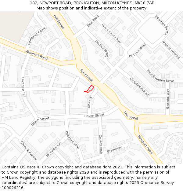 182, NEWPORT ROAD, BROUGHTON, MILTON KEYNES, MK10 7AP: Location map and indicative extent of plot