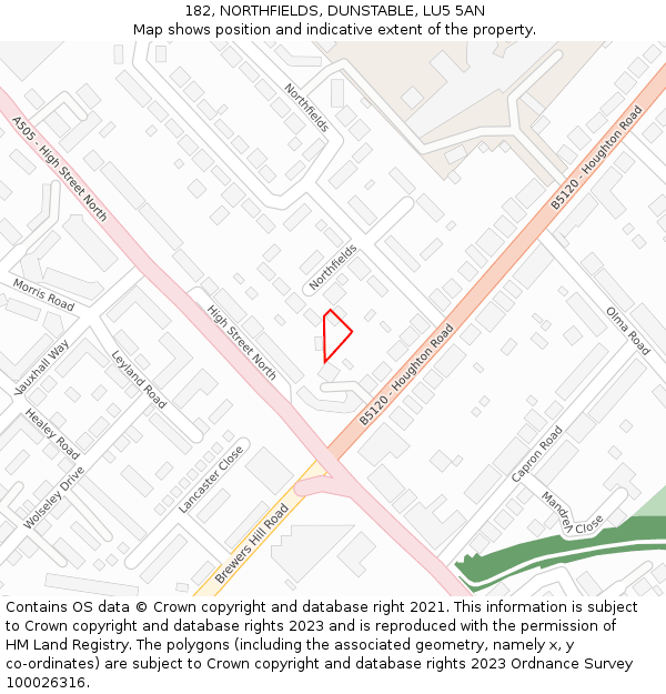 182, NORTHFIELDS, DUNSTABLE, LU5 5AN: Location map and indicative extent of plot