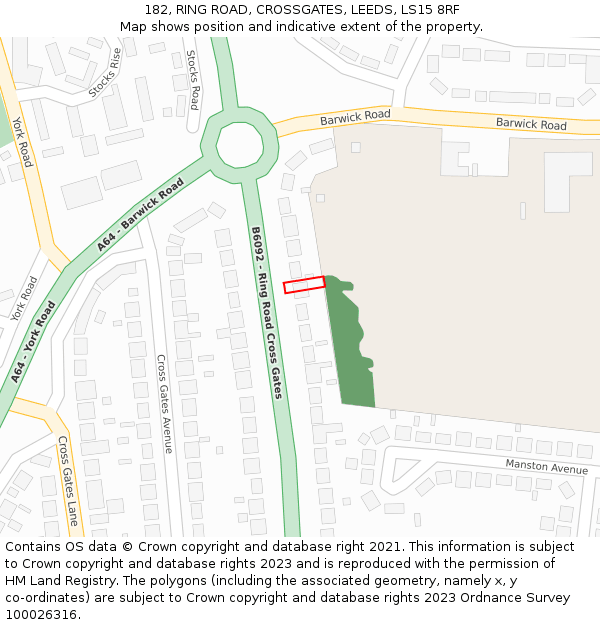 182, RING ROAD, CROSSGATES, LEEDS, LS15 8RF: Location map and indicative extent of plot