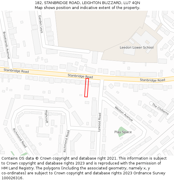 182, STANBRIDGE ROAD, LEIGHTON BUZZARD, LU7 4QN: Location map and indicative extent of plot