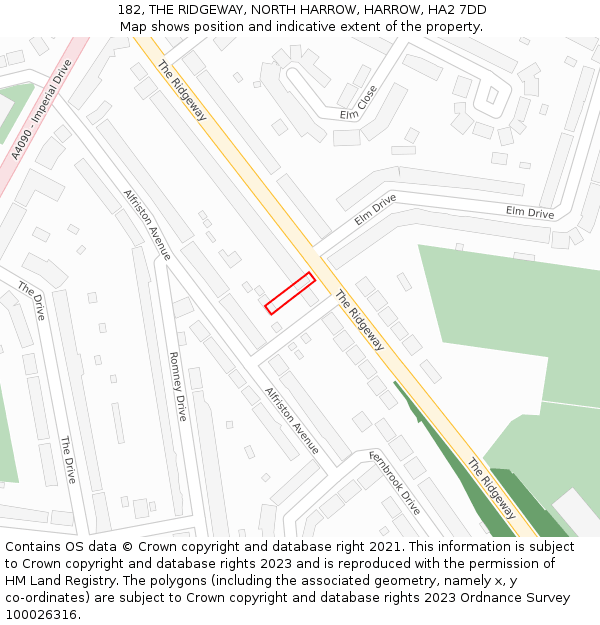 182, THE RIDGEWAY, NORTH HARROW, HARROW, HA2 7DD: Location map and indicative extent of plot