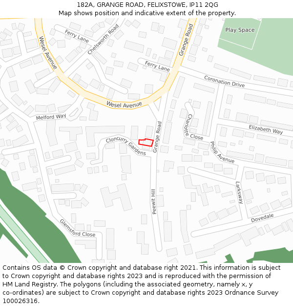 182A, GRANGE ROAD, FELIXSTOWE, IP11 2QG: Location map and indicative extent of plot