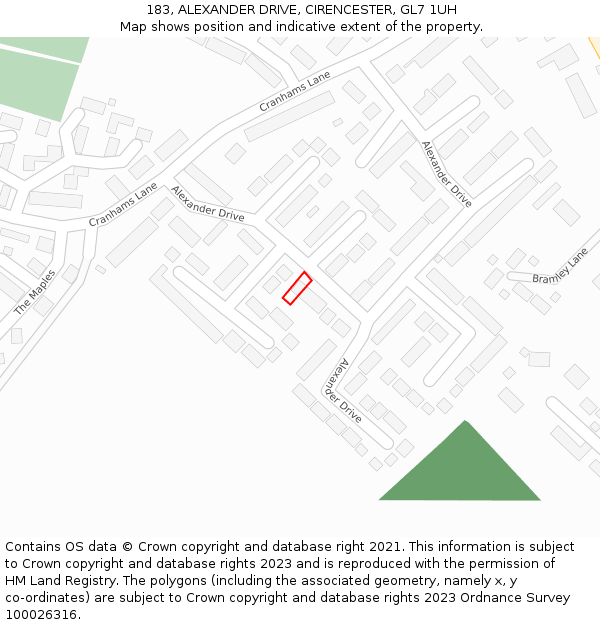 183, ALEXANDER DRIVE, CIRENCESTER, GL7 1UH: Location map and indicative extent of plot