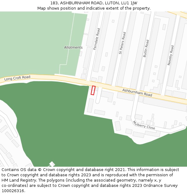 183, ASHBURNHAM ROAD, LUTON, LU1 1JW: Location map and indicative extent of plot