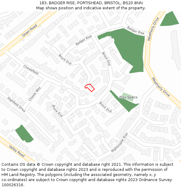 183, BADGER RISE, PORTISHEAD, BRISTOL, BS20 8NN: Location map and indicative extent of plot