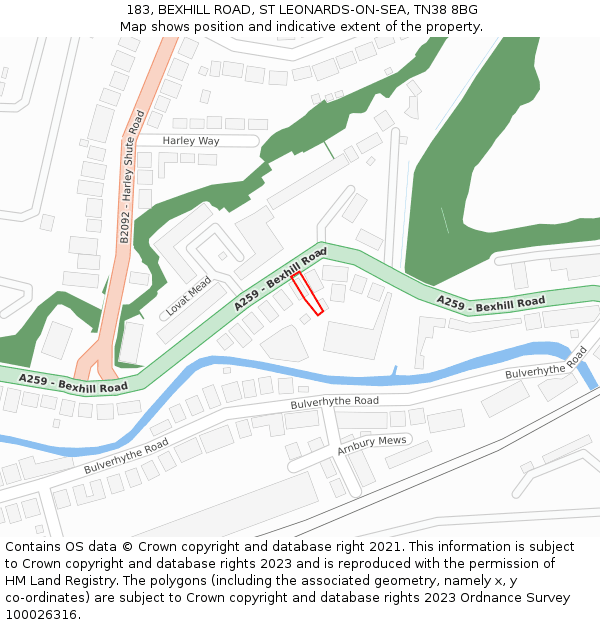 183, BEXHILL ROAD, ST LEONARDS-ON-SEA, TN38 8BG: Location map and indicative extent of plot