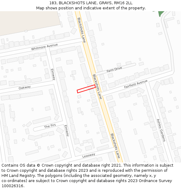 183, BLACKSHOTS LANE, GRAYS, RM16 2LL: Location map and indicative extent of plot