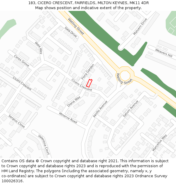 183, CICERO CRESCENT, FAIRFIELDS, MILTON KEYNES, MK11 4DR: Location map and indicative extent of plot