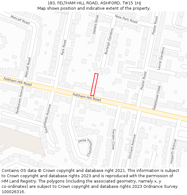 183, FELTHAM HILL ROAD, ASHFORD, TW15 1HJ: Location map and indicative extent of plot