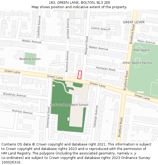 183, GREEN LANE, BOLTON, BL3 2EE: Location map and indicative extent of plot