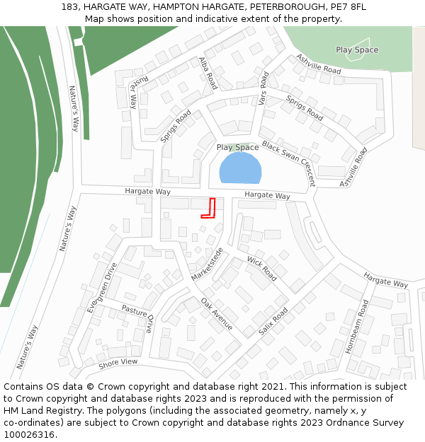 183, HARGATE WAY, HAMPTON HARGATE, PETERBOROUGH, PE7 8FL: Location map and indicative extent of plot